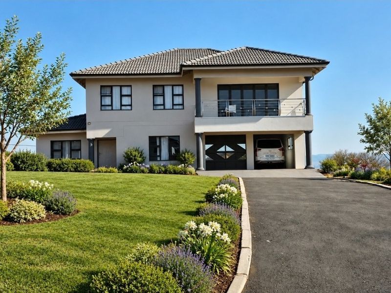 A well-maintained two-story residential home featuring a tiled roof, a balcony, a double garage, and a neatly landscaped front garden with a paved driveway.