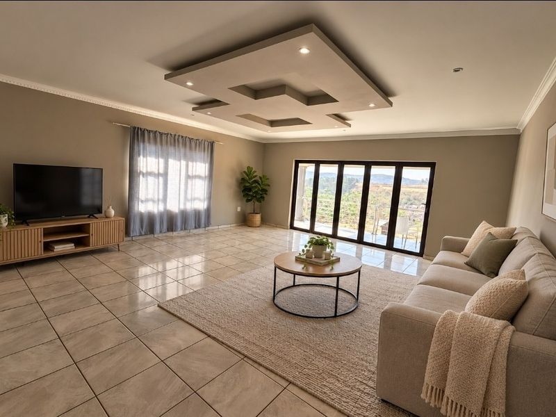 Spacious living room featuring a modern recessed ceiling tray with downlights, tiled flooring, and large sliding glass doors leading to an outdoor area.
