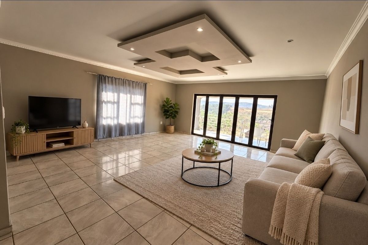Spacious living room featuring a modern recessed ceiling tray with downlights, tiled flooring, and large sliding glass doors leading to an outdoor area.