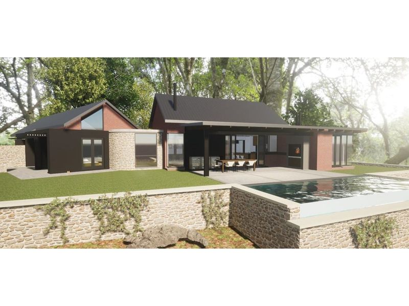 Architectural rendering of a modern residential property featuring a swimming pool, stone retaining walls, and a covered patio area.