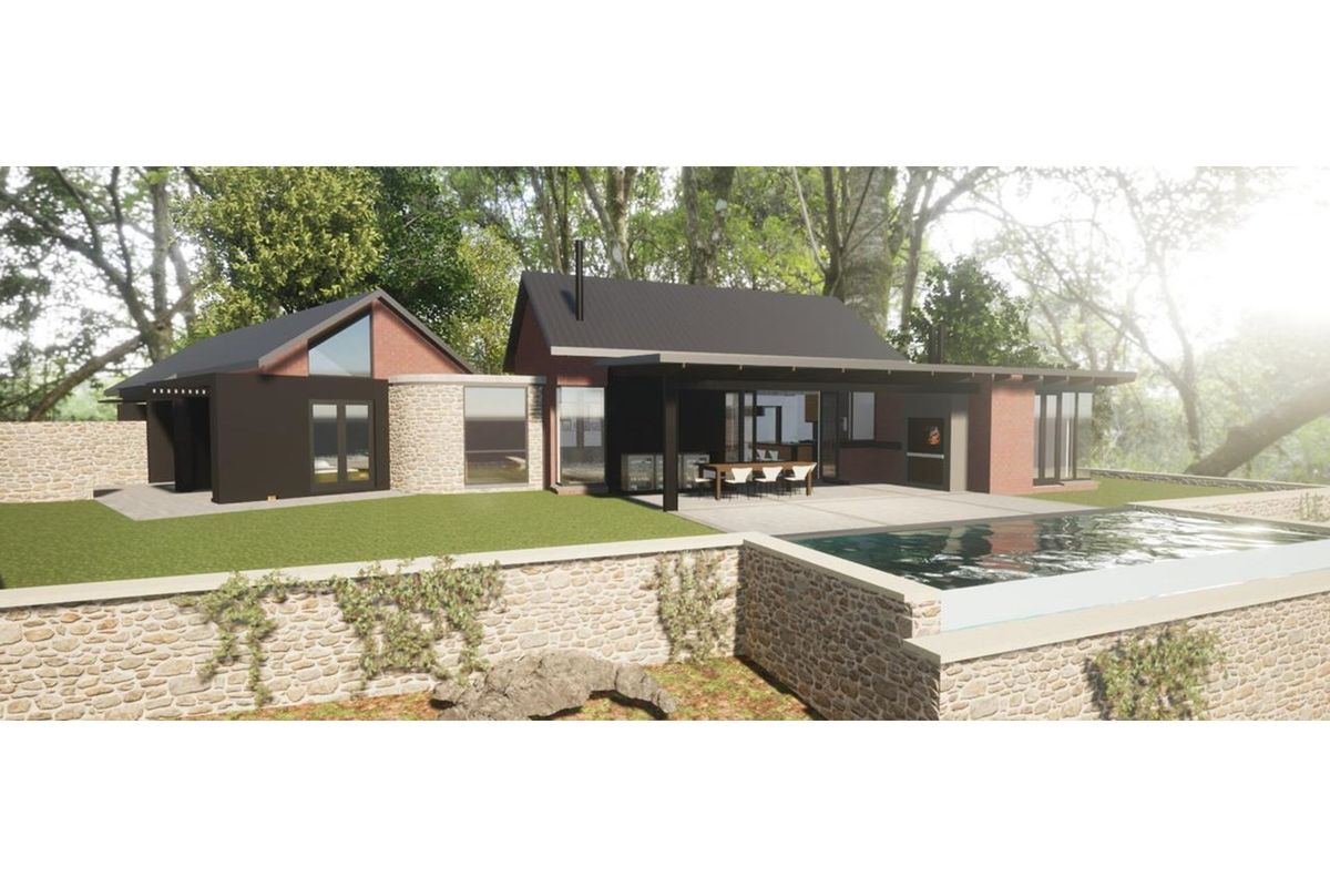 Architectural rendering of a modern residential property featuring a swimming pool, stone retaining walls, and a covered patio area.