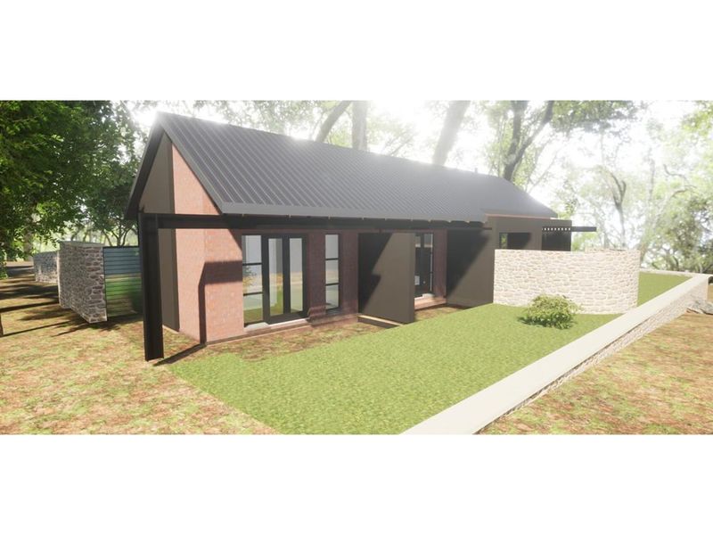 A 3D architectural rendering of a modern residential dwelling featuring brick and dark metal finishes, set within a landscaped garden environment.