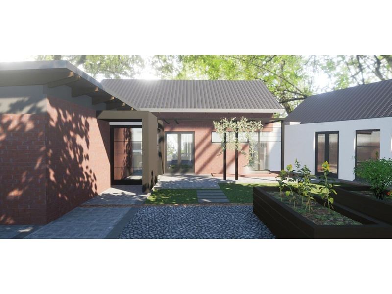 A 3D architectural rendering of a modern residential exterior featuring brick facade, metal roofing, and a landscaped courtyard area.