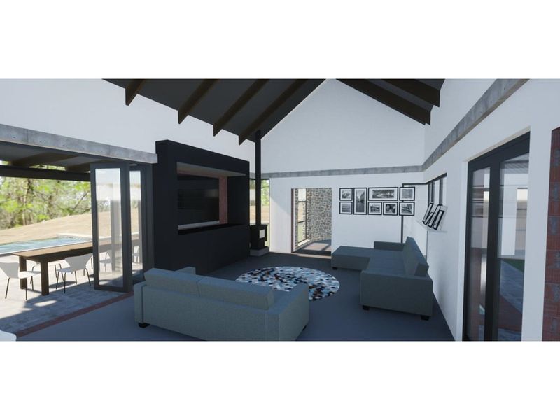 A modern open-plan living area featuring vaulted ceilings, exposed beams, a built-in fireplace, and seamless indoor-outdoor flow to a patio.