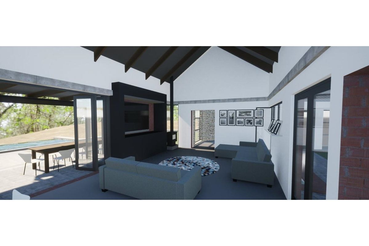 A modern open-plan living area featuring vaulted ceilings, exposed beams, a built-in fireplace, and seamless indoor-outdoor flow to a patio.