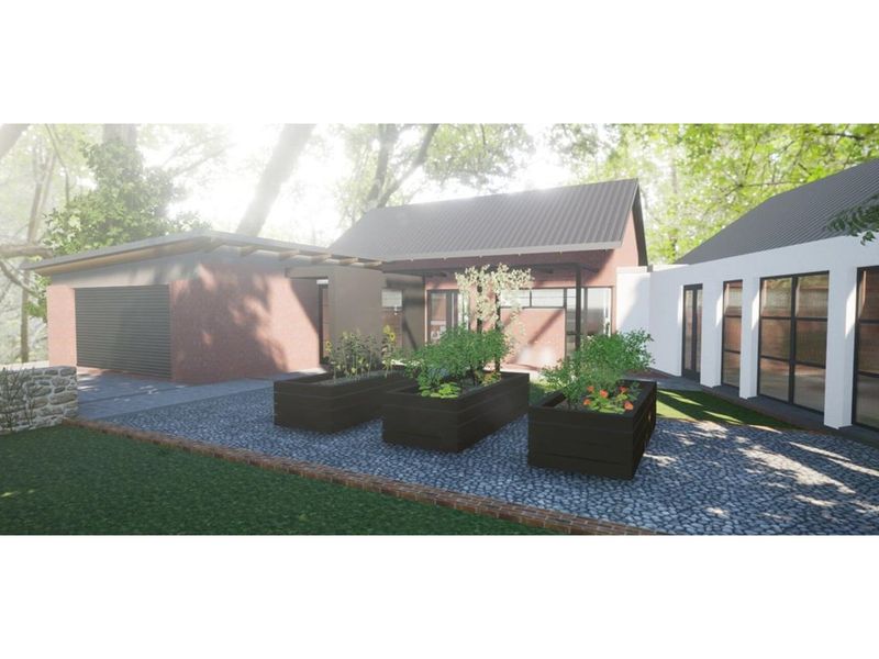 A digital architectural rendering of a modern residential property featuring a garage, paved courtyard, and contemporary building design.
