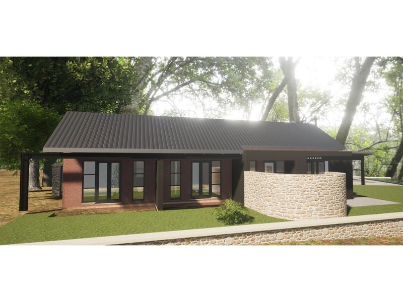 A 3D architectural rendering of a modern residential home featuring brick and stone masonry, a metal roof, and large glass doors.