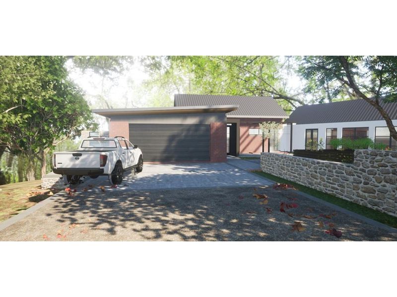 A modern residential property featuring a paved driveway, integrated garage, and stone boundary wall, presented as a high-quality architectural rendering.