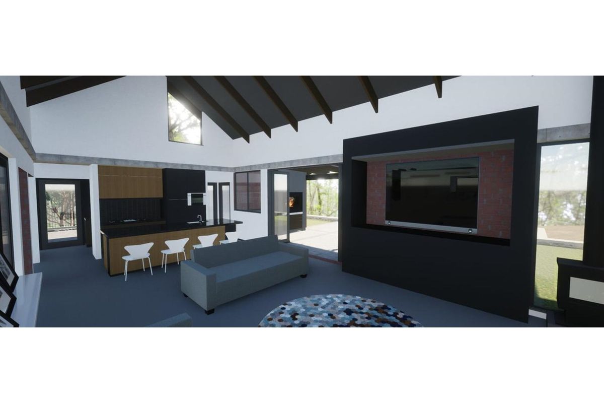 A modern open-plan living and kitchen area featuring vaulted ceilings, exposed beams, and a contemporary built-in media wall.