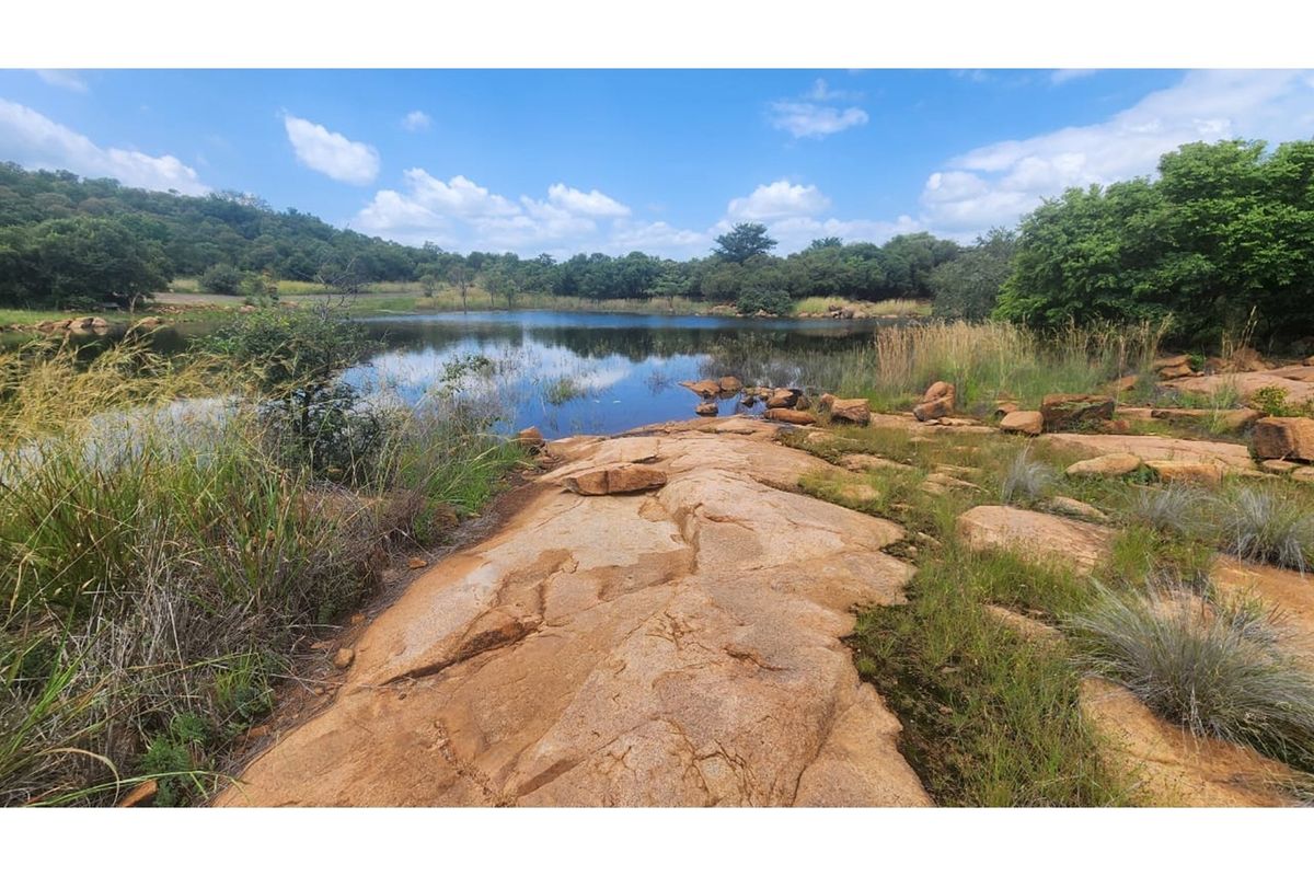 A scenic view of a natural pond surrounded by indigenous vegetation and rocky outcrops on the vacant residential property.