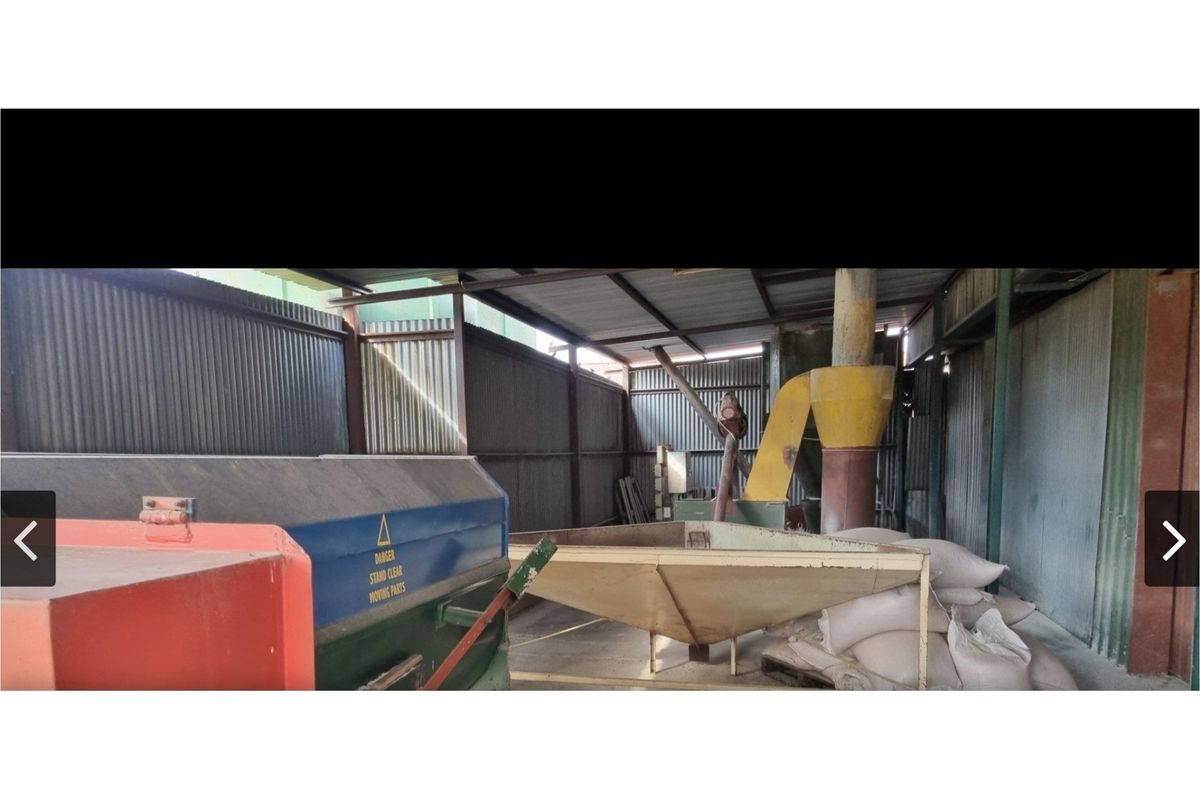 An industrial utility space on a farm featuring corrugated metal walls, concrete flooring, and fixed agricultural processing machinery.