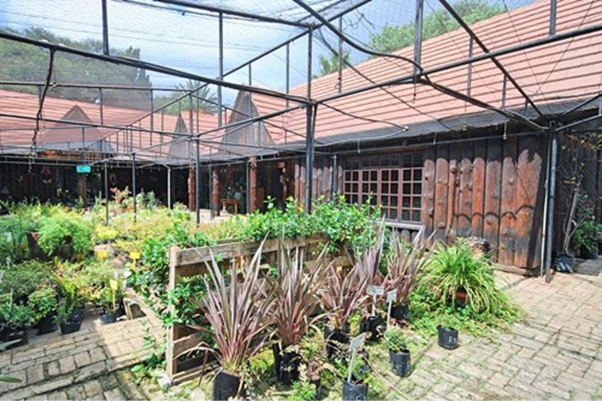 A commercial garden area featuring a large netted enclosure, timber log siding, tiled roofing, and brick paved pathways.