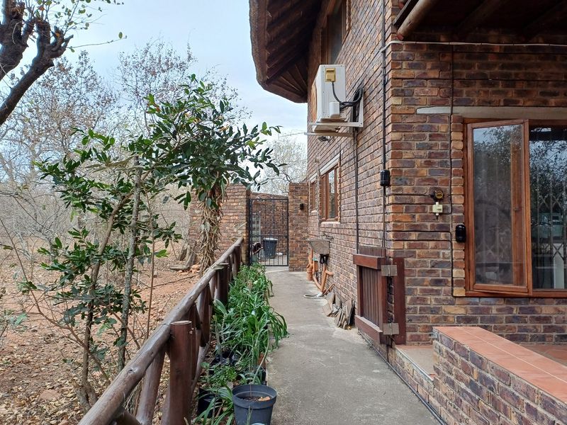 A side view of a face brick house featuring a thatched roof, timber window frames, and a concrete walkway with a timber railing.
