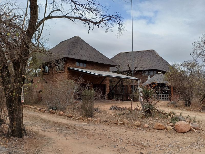 A rustic face brick house featuring traditional thatch roofing and a covered carport, situated in a natural bushveld setting.