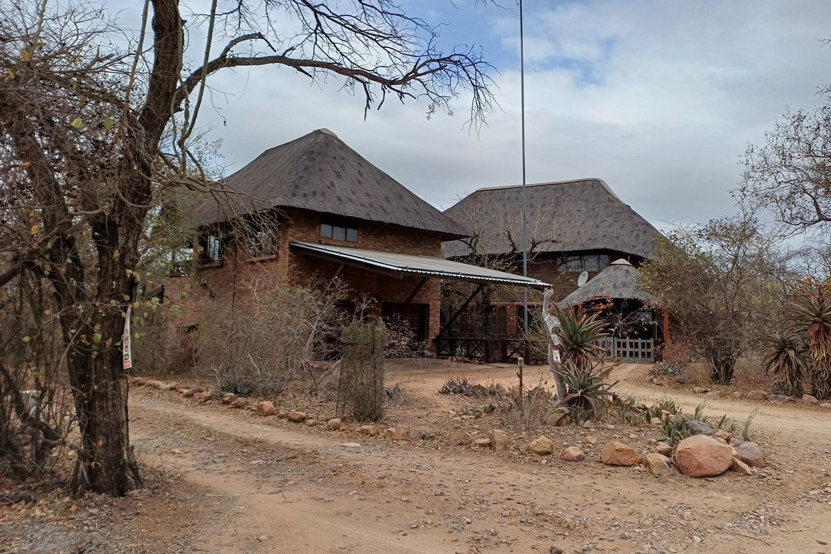 A rustic face brick house featuring traditional thatch roofing and a covered carport, situated in a natural bushveld setting.