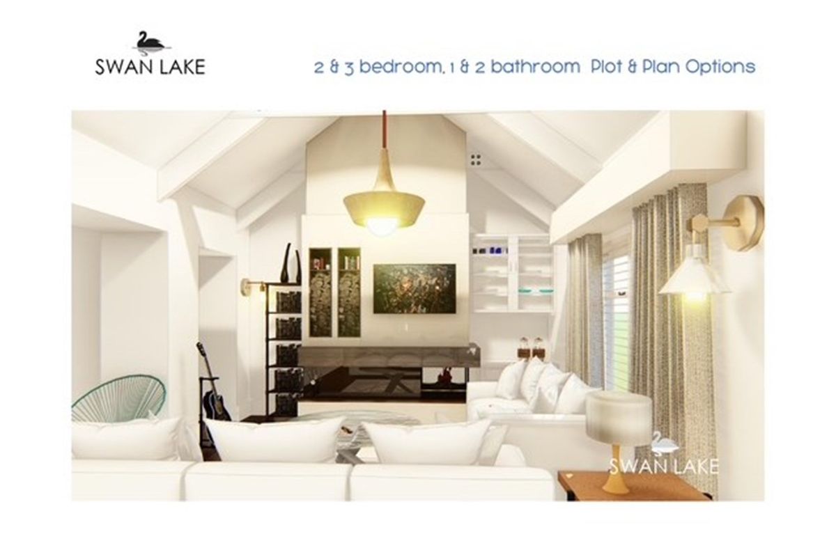 A digital rendering of a modern living room featuring a vaulted ceiling, fireplace, and contemporary lighting fixtures, showcasing potential interior design options.