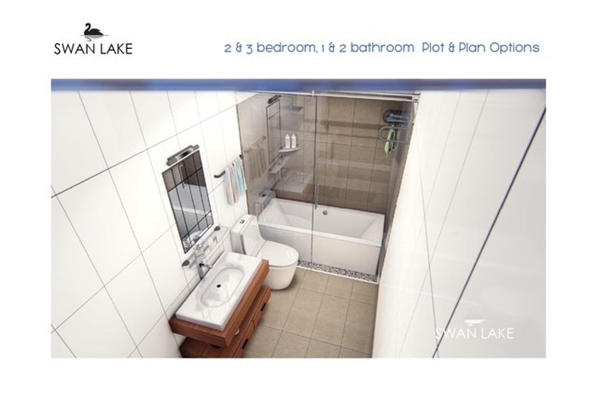 A modern bathroom design featuring a vanity sink, toilet, and a glass-enclosed bathtub shower combination, presented as part of a residential development plan.