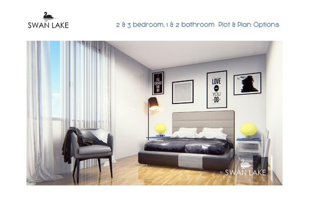 A digital rendering of a modern bedroom interior, showcasing the potential layout and design for the residential plot and plan options.