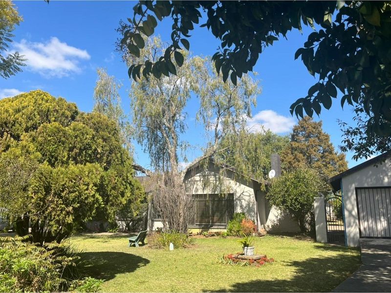 A view of the rear garden and property elevation featuring mature trees, a lawn, and a paved driveway leading to a gate.