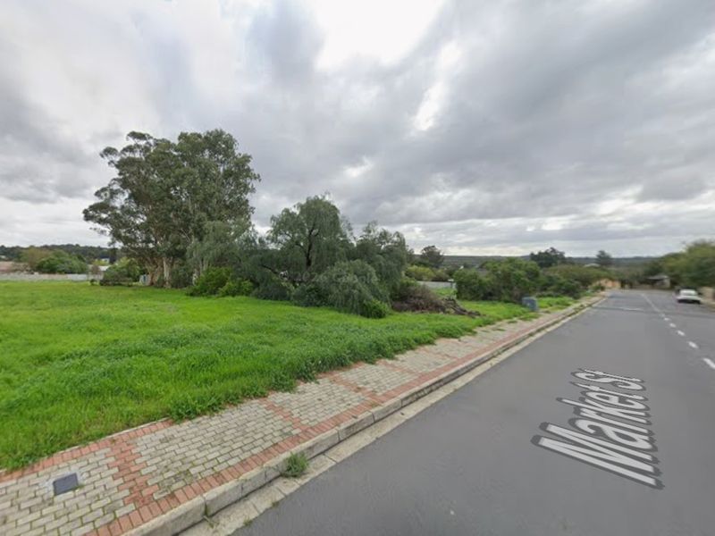 Street view of a vacant residential plot featuring a paved sidewalk and established trees along the roadside.