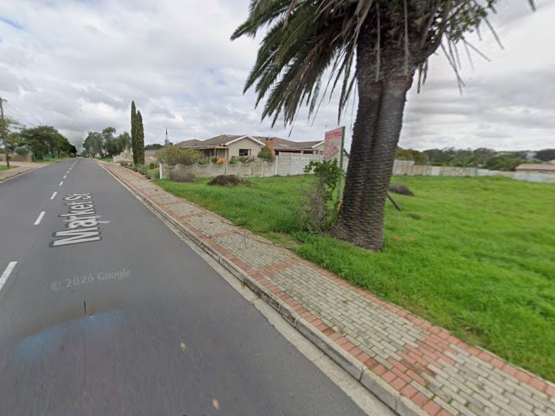 Street view of a vacant residential plot featuring a paved sidewalk, boundary wall, and established palm tree.