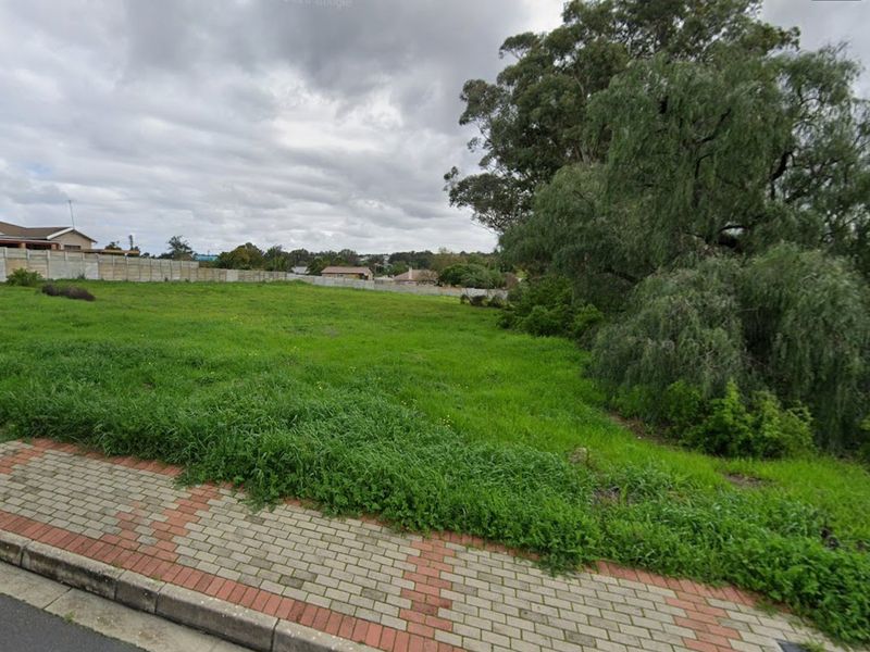 A vacant residential plot featuring a paved verge, boundary wall, and established trees, offering a clear space for future development.