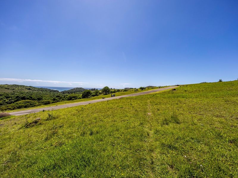 A scenic view of the vacant residential land featuring rolling green hills, natural vegetation, and a paved access road with distant coastal vistas.