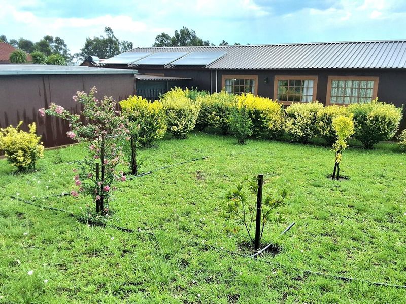 A well-maintained rear garden featuring established shrubs, young trees, an irrigation system, and a building with solar water heating panels on the roof.