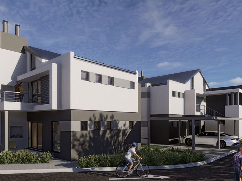 A modern architectural rendering of a multi-story apartment complex featuring contemporary facade design, private balconies, and integrated covered parking bays.