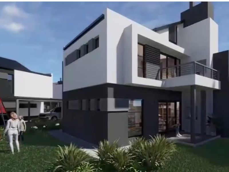 A modern two-story residential building featuring a contemporary facade, balcony, and clean architectural lines, presented as a digital architectural rendering.