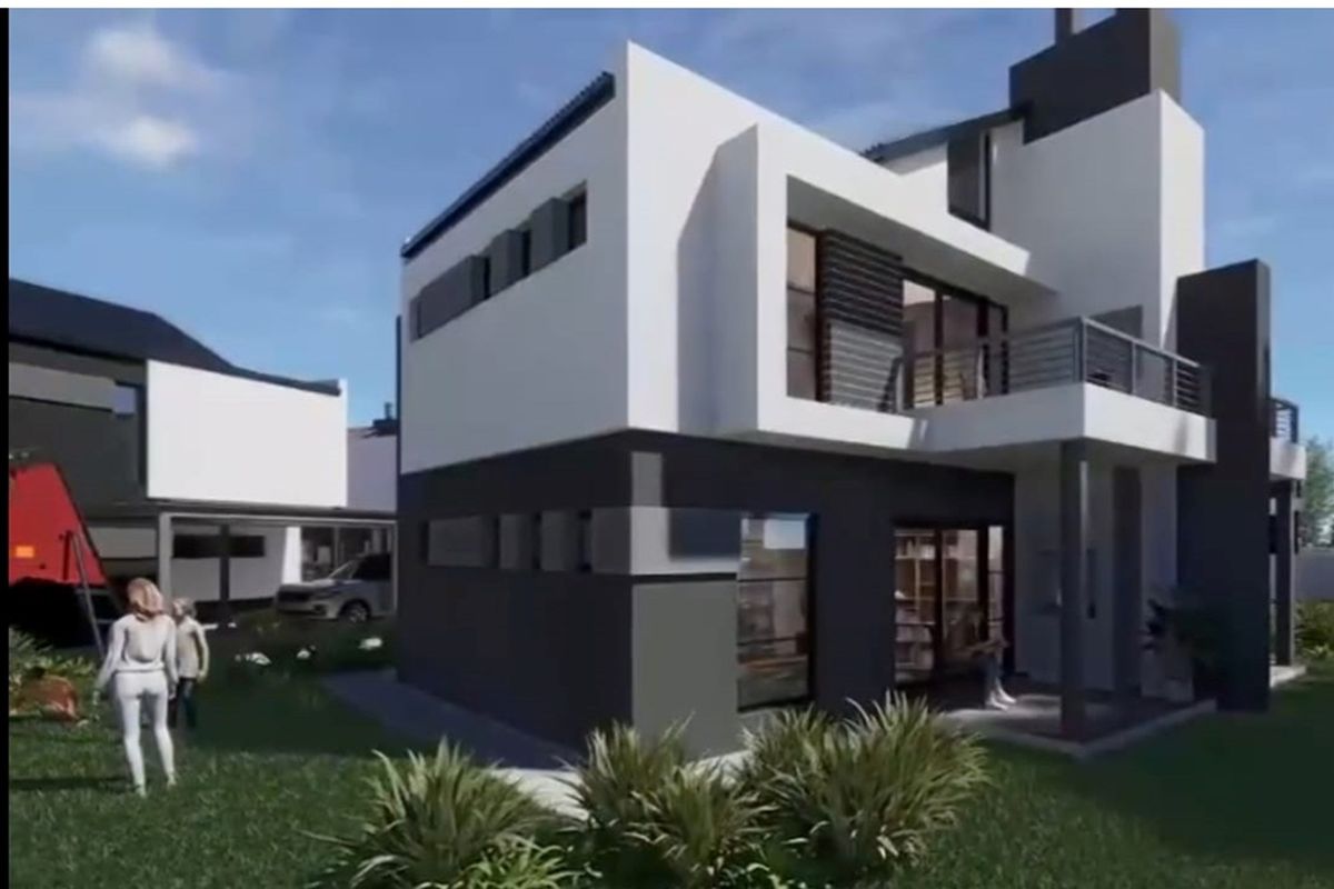 A modern two-story residential building featuring a contemporary facade, balcony, and clean architectural lines, presented as a digital architectural rendering.