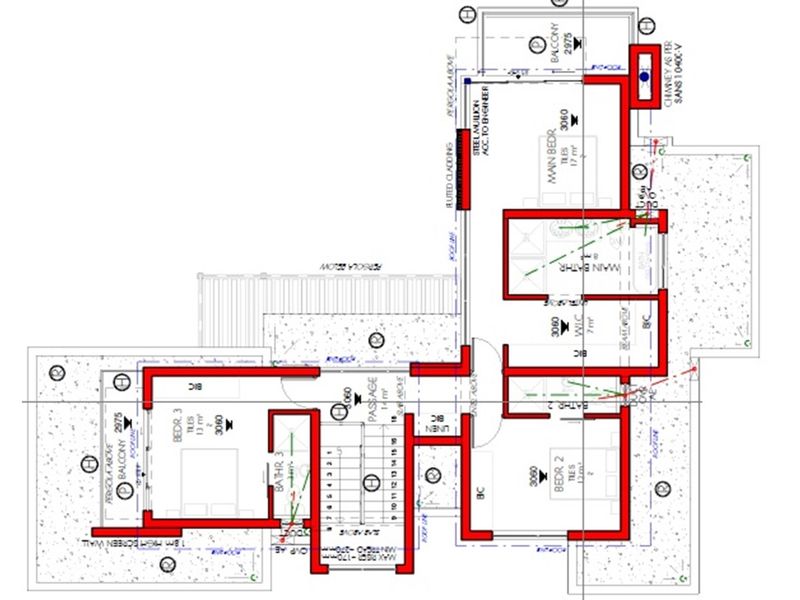 Architectural floor plan showing the layout of the upper level, including three bedrooms, bathrooms, a passage, and balcony areas.