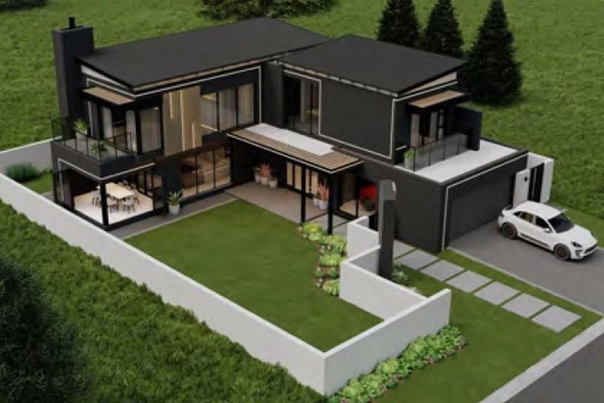 An aerial view of a modern double-storey house featuring a flat roof, balcony, patio, and a private garden with a paved driveway.