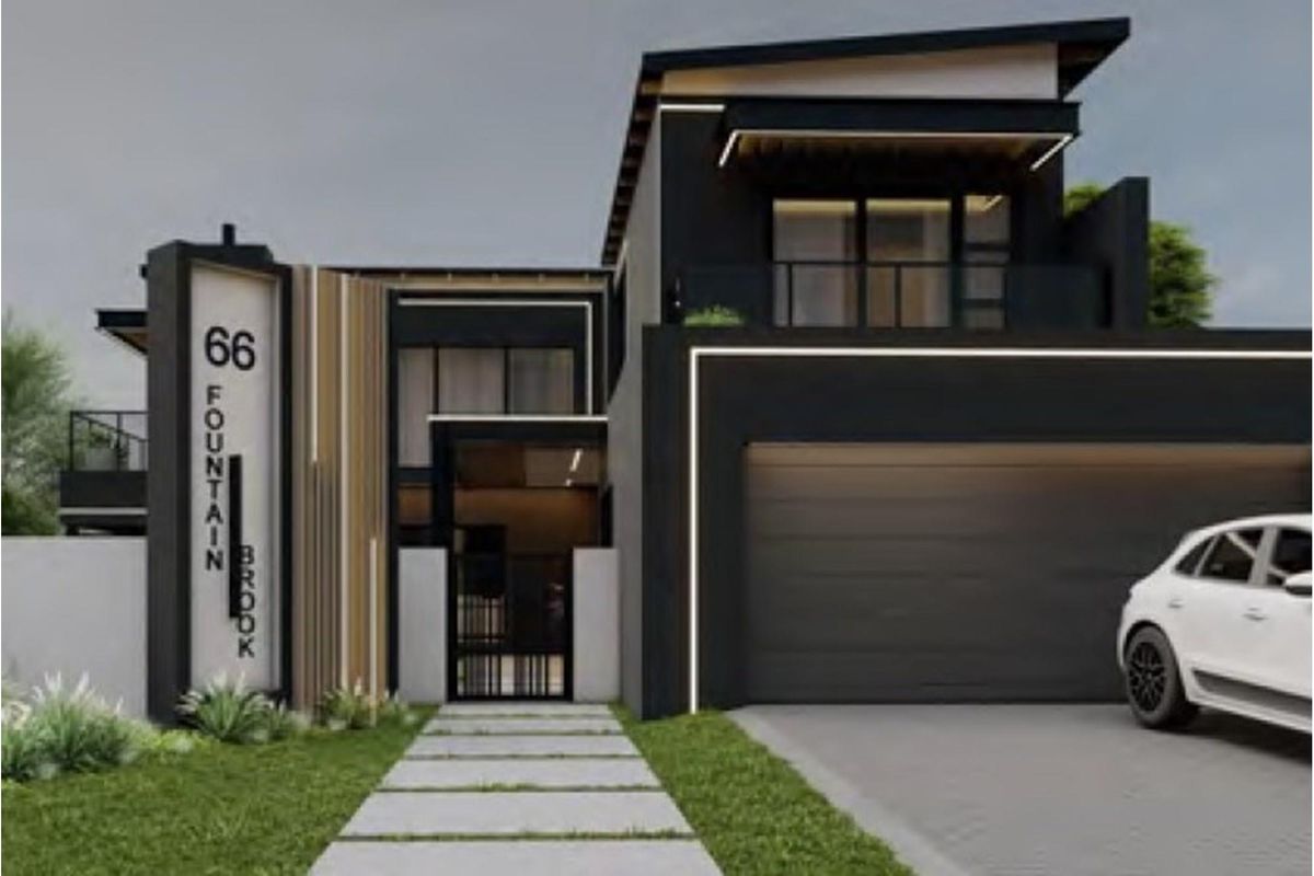 A modern, architecturally designed front facade featuring a double garage, integrated LED lighting, and a clean, contemporary aesthetic.