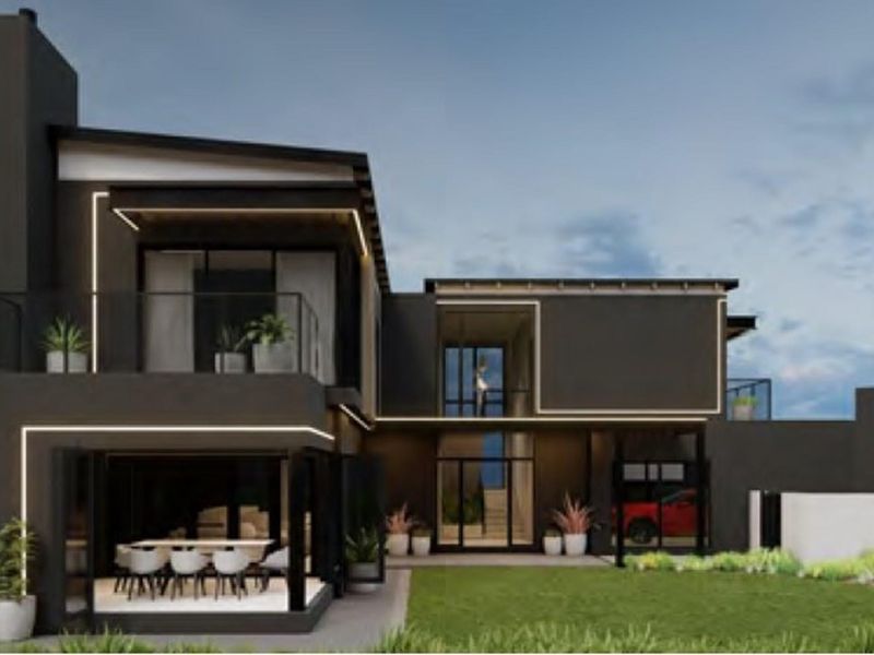 Modern architectural rear elevation featuring dark facade, integrated LED lighting, expansive glass sliding doors, and a covered patio overlooking the landscaped garden.