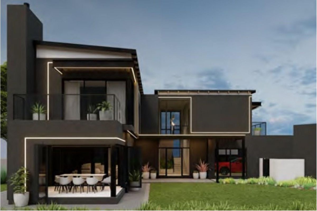 Modern architectural rear elevation featuring dark facade, integrated LED lighting, expansive glass sliding doors, and a covered patio overlooking the landscaped garden.