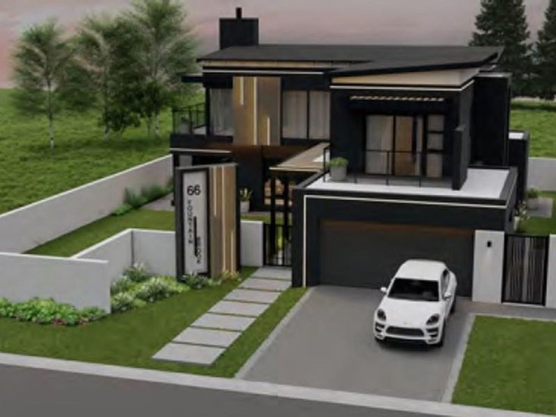 A modern two-story residential property featuring a sleek black facade, double garage, balcony, and landscaped front garden.