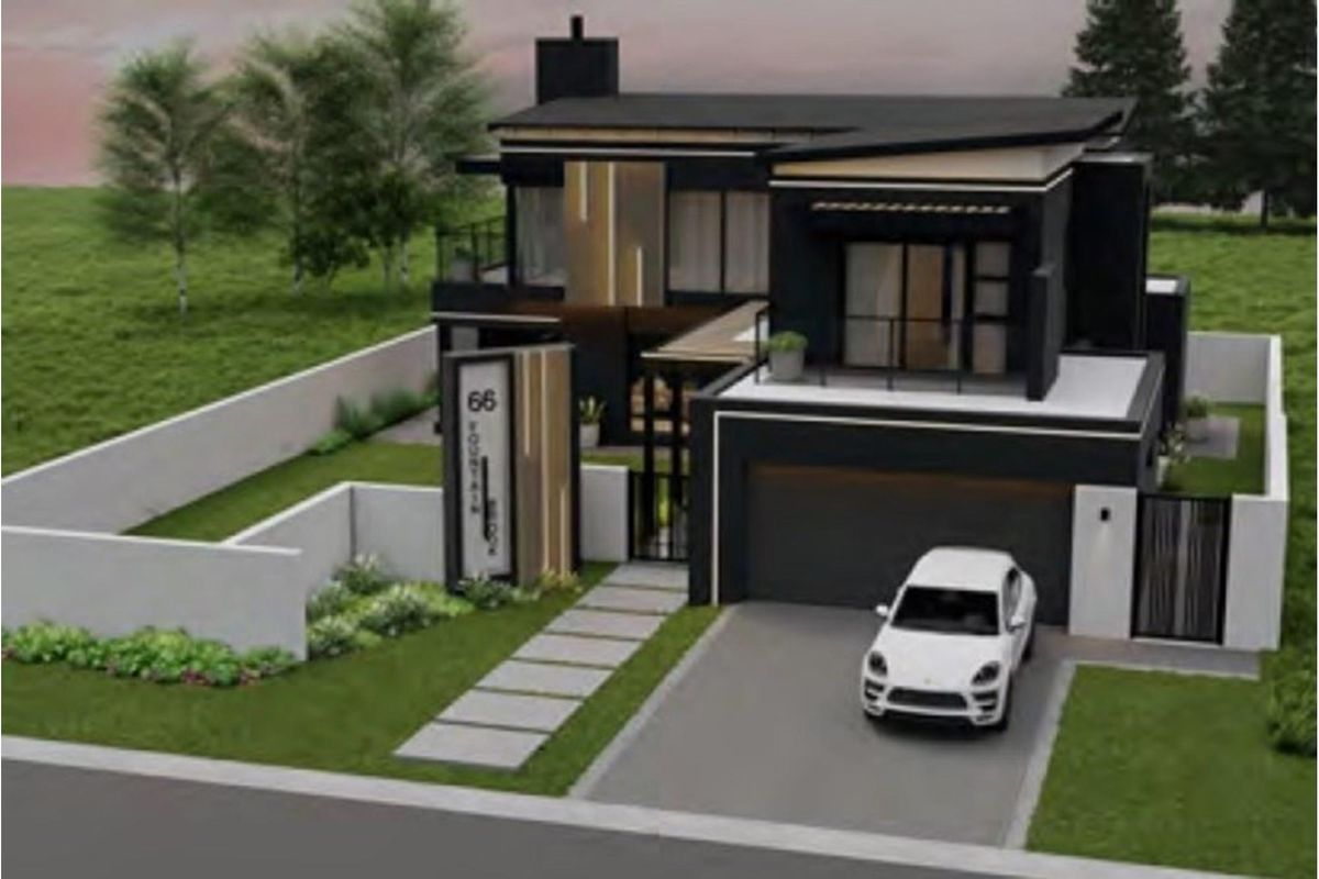 A modern two-story residential property featuring a sleek black facade, double garage, balcony, and landscaped front garden.