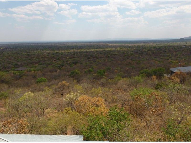Expansive elevated view overlooking a vast natural bushveld landscape with distant hills.