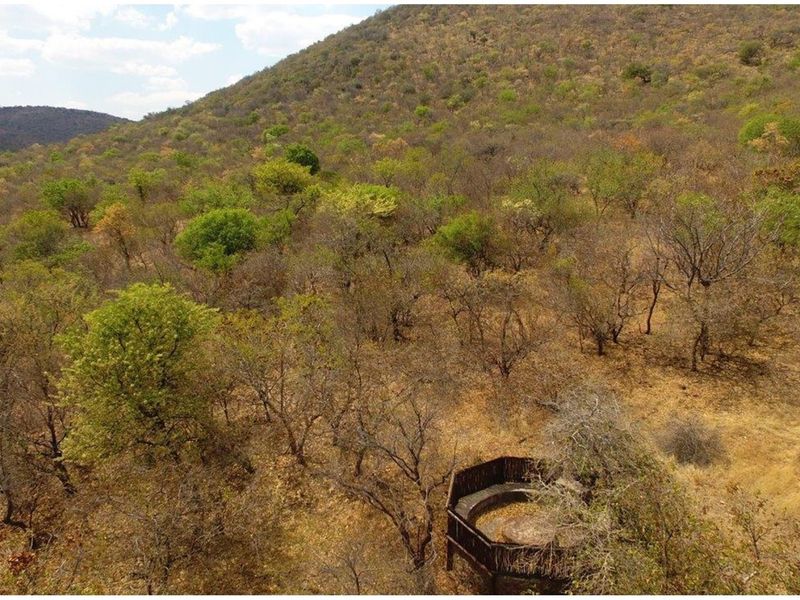 An aerial view of the natural landscape featuring a small, circular outdoor seating structure nestled within the surrounding bushveld.