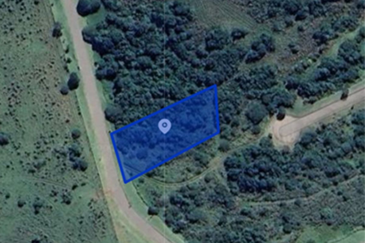 Aerial view of a vacant residential plot highlighted in blue, situated within a natural, wooded landscape with nearby road access.