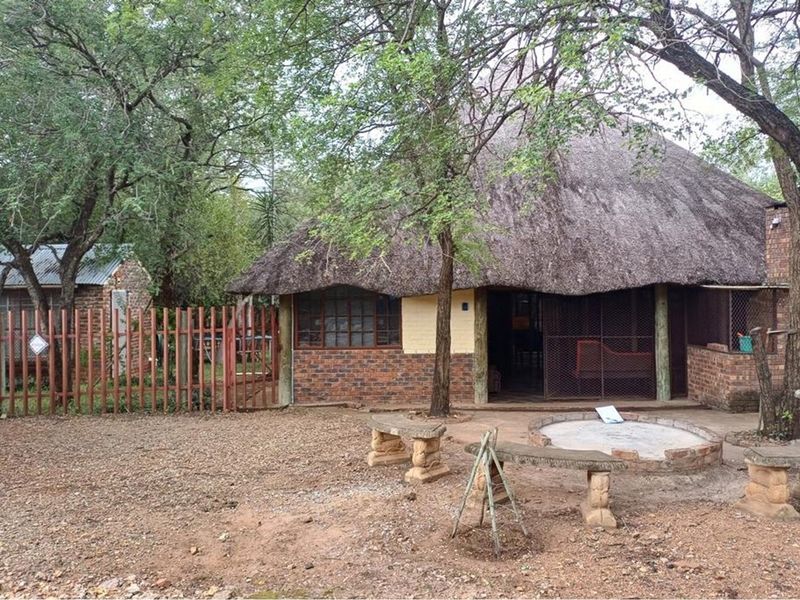 Rear view of a rustic property featuring a traditional thatch roof, brick exterior, and a built-in fire pit area set within a natural garden.