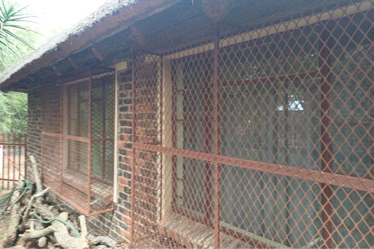 Exterior view of a facebrick house featuring a traditional thatch roof and heavy-duty security mesh screens over the windows.