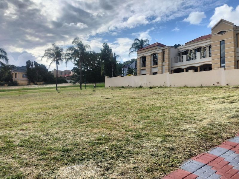 A spacious vacant residential plot featuring established palm trees, a perimeter boundary wall, and paved access, situated in a developed neighborhood.
