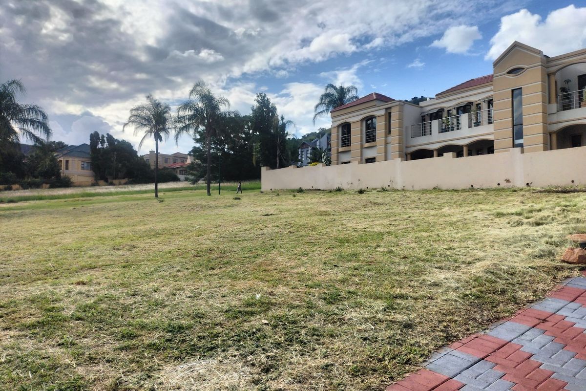 A spacious vacant residential plot featuring established palm trees, a perimeter boundary wall, and paved access, situated in a developed neighborhood.