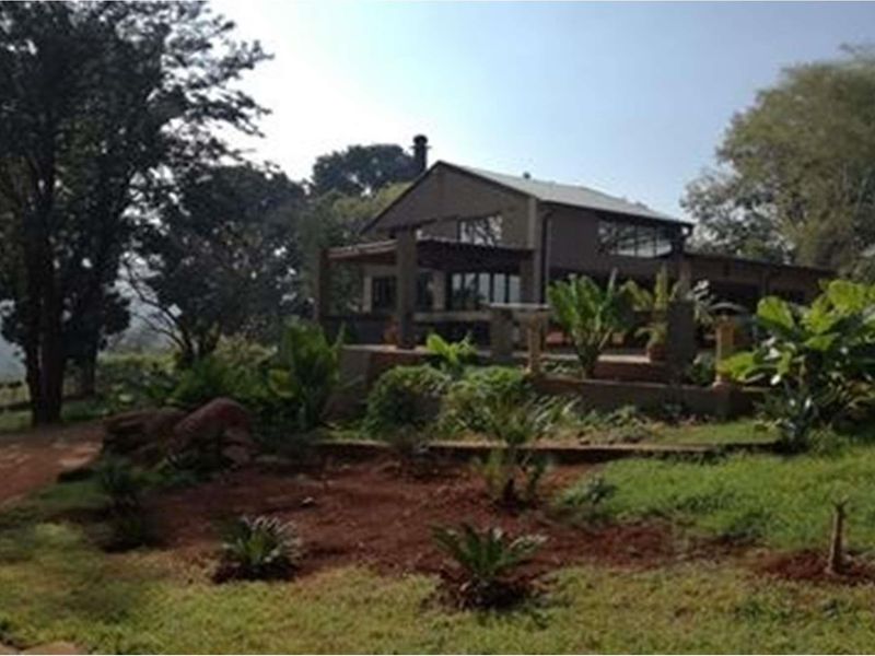 A view of the farm property featuring a multi-level dwelling with a covered patio area, surrounded by established trees and landscaped garden grounds.