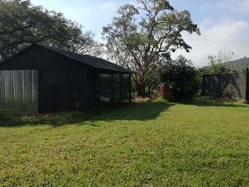A view of a rustic metal-clad outbuilding situated on a grassy farm plot with mature trees in the background.