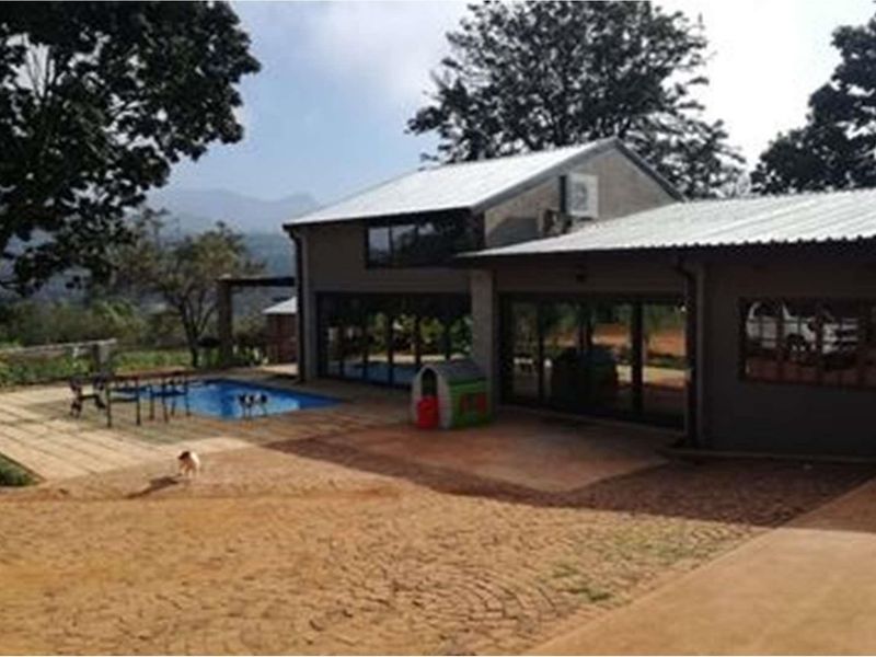 A rear view of the farm property featuring a swimming pool, paved patio area, and modern building structure with large glass sliding doors.