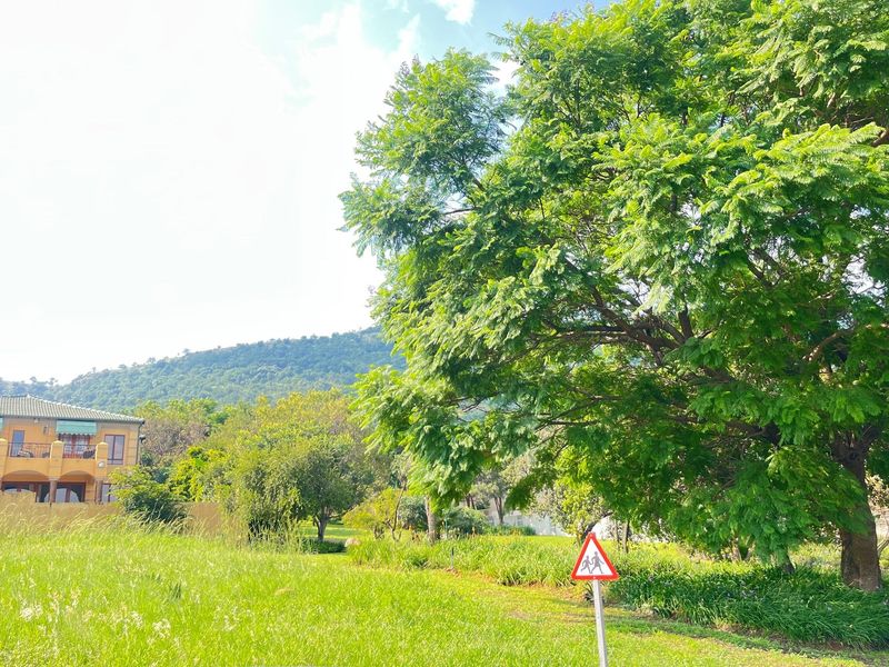A view of a vacant residential plot featuring mature trees, lush green grass, and surrounding mountain scenery.
