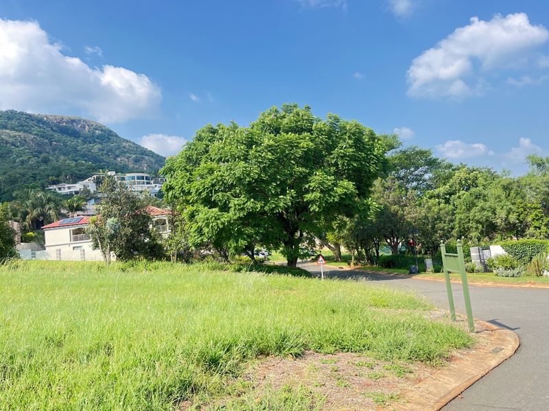 A view of a vacant residential plot featuring established trees, grassy terrain, and paved road access in a scenic neighborhood setting.